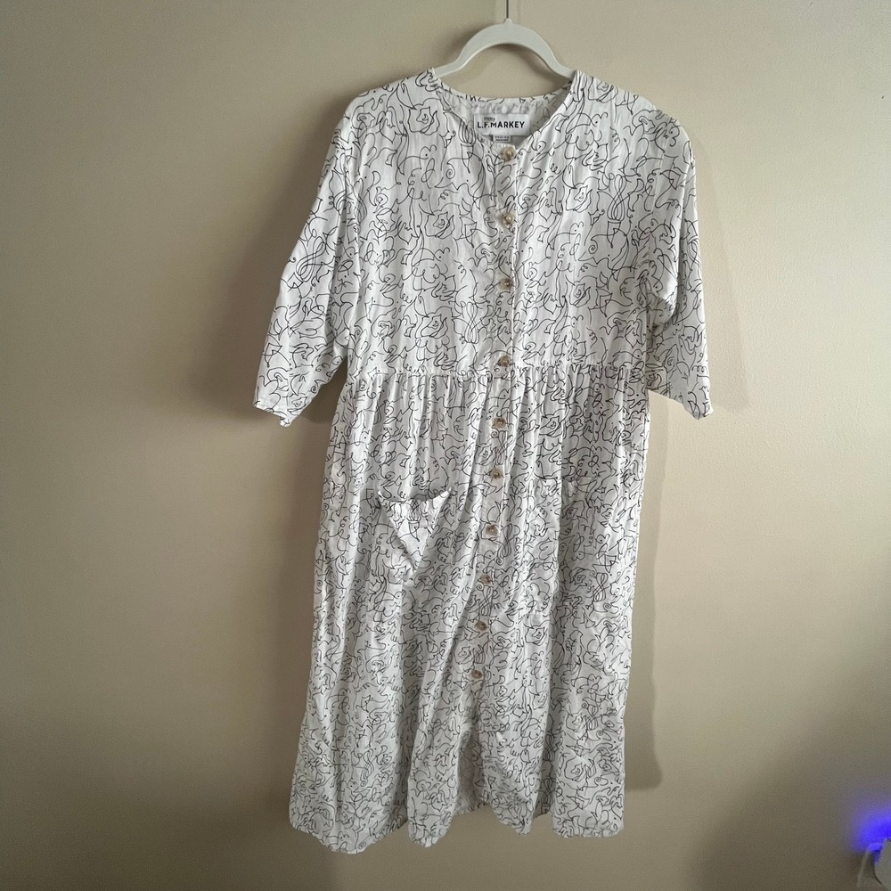 L.F. Markey Sammy Dress Squiggle Print Size US 6 100% Linen White Black Midi